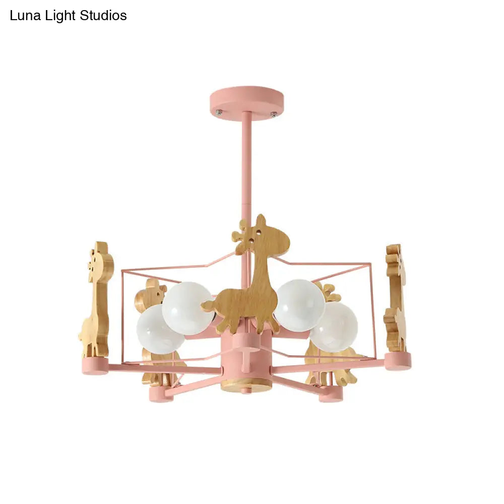 DecorBites™ DecorBites™ Wooden Giraffe Ceiling Fixture for Kids - 5-Light Semi Flush Mount with Star Iron Frame, Grey/Pink/Green
