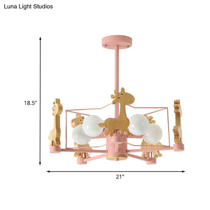 DecorBites™ DecorBites™ Wooden Giraffe Ceiling Fixture for Kids - 5-Light Semi Flush Mount with Star Iron Frame, Grey/Pink/Green