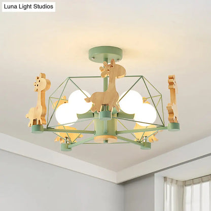 DecorBites™ DecorBites™ Wooden Giraffe Ceiling Fixture for Kids - 5-Light Semi Flush Mount with Star Iron Frame, Grey/Pink/Green