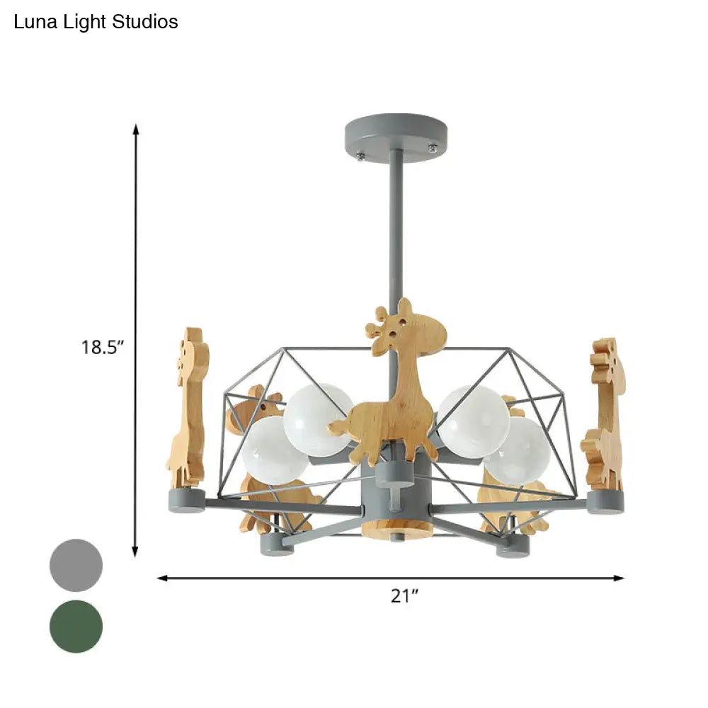 DecorBites™ DecorBites™ Wooden Giraffe Ceiling Fixture for Kids - 5-Light Semi Flush Mount with Star Iron Frame, Grey/Pink/Green