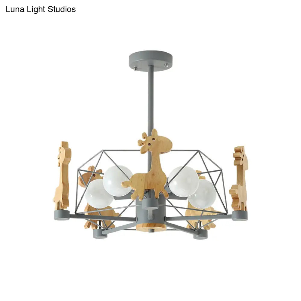 DecorBites™ DecorBites™ Wooden Giraffe Ceiling Fixture for Kids - 5-Light Semi Flush Mount with Star Iron Frame, Grey/Pink/Green
