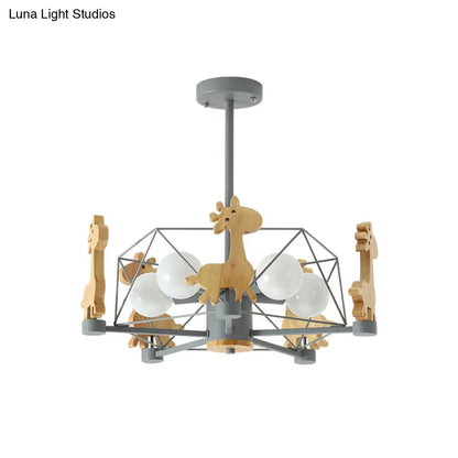 DecorBites™ DecorBites™ Wooden Giraffe Ceiling Fixture for Kids - 5-Light Semi Flush Mount with Star Iron Frame, Grey/Pink/Green