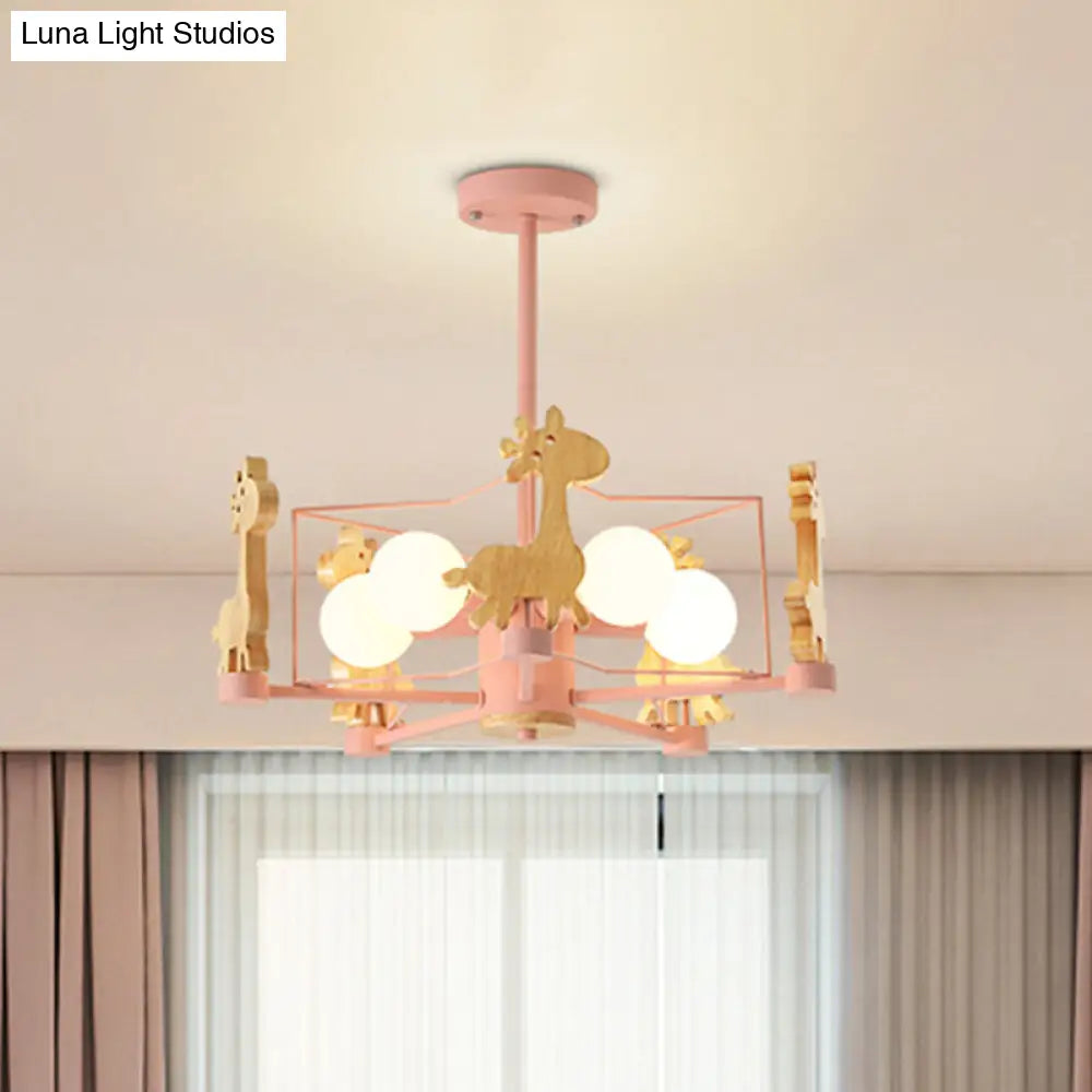 DecorBites™ DecorBites™ Wooden Giraffe Ceiling Fixture for Kids - 5-Light Semi Flush Mount with Star Iron Frame, Grey/Pink/Green