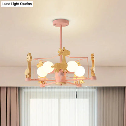 DecorBites™ DecorBites™ Wooden Giraffe Ceiling Fixture for Kids - 5-Light Semi Flush Mount with Star Iron Frame, Grey/Pink/Green
