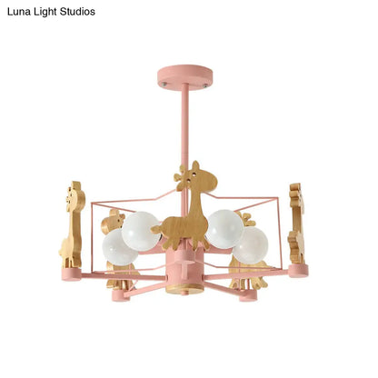 DecorBites™ DecorBites™ Wooden Giraffe Ceiling Fixture for Kids - 5-Light Semi Flush Mount with Star Iron Frame, Grey/Pink/Green