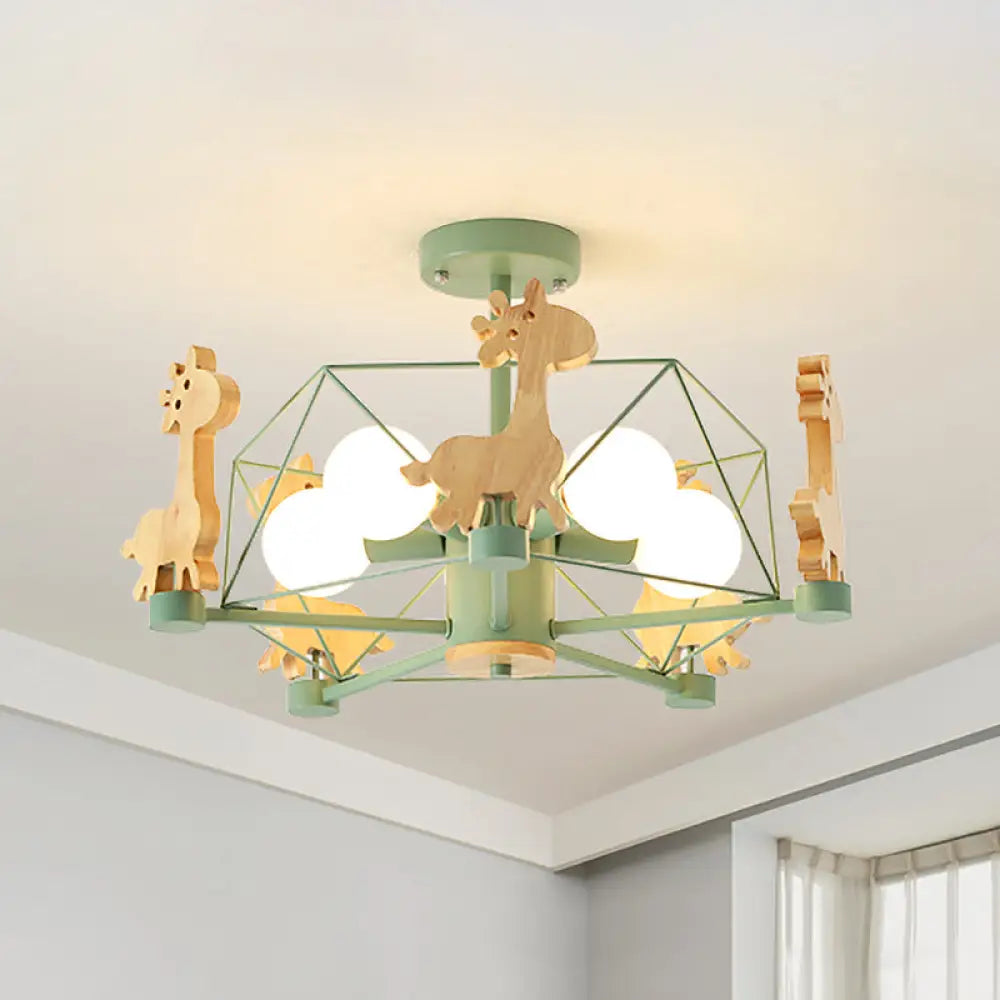 DecorBites™ DecorBites™ Wooden Giraffe Ceiling Fixture for Kids - 5-Light Semi Flush Mount with Star Iron Frame, Grey/Pink/Green