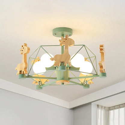 DecorBites™ DecorBites™ Wooden Giraffe Ceiling Fixture for Kids - 5-Light Semi Flush Mount with Star Iron Frame, Grey/Pink/Green