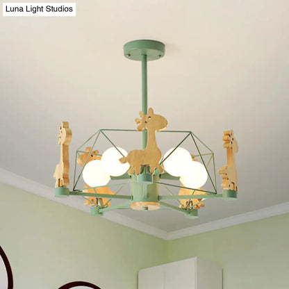 DecorBites™ DecorBites™ Wooden Giraffe Ceiling Fixture for Kids - 5-Light Semi Flush Mount with Star Iron Frame, Grey/Pink/Green