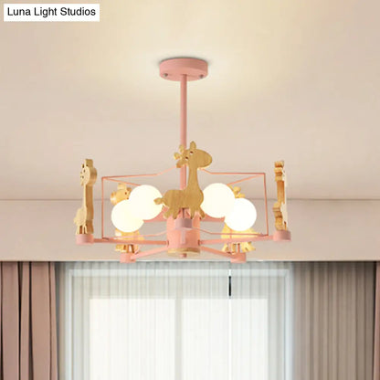 DecorBites™ DecorBites™ Wooden Giraffe Ceiling Fixture for Kids - 5-Light Semi Flush Mount with Star Iron Frame, Grey/Pink/Green