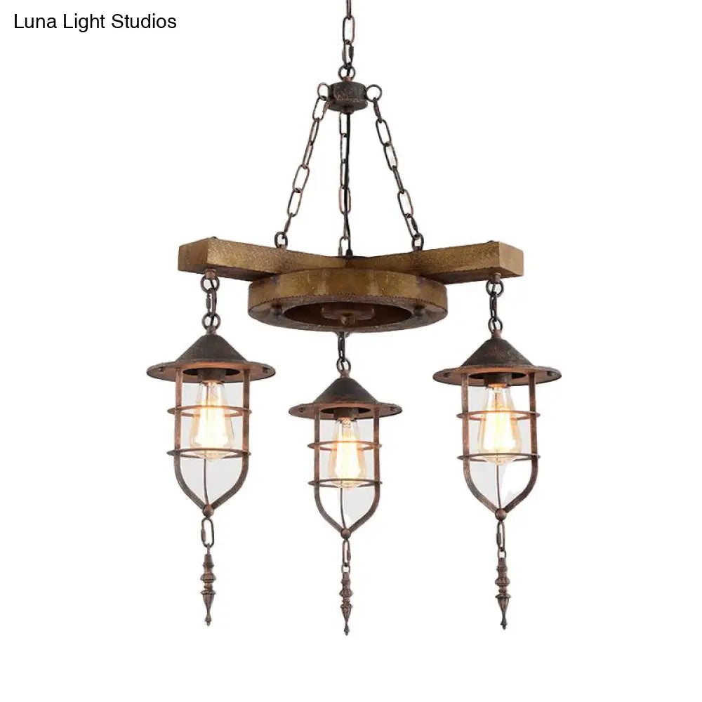Wooden Hanging Light Kit for Restaurants: Metal Caged Chandelier with 3/7 Lights