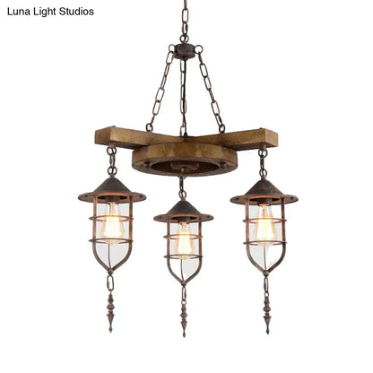 Wooden Hanging Light Kit for Restaurants: Metal Caged Chandelier with 3/7 Lights