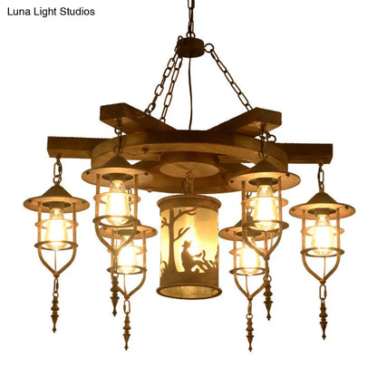 Wooden Hanging Light Kit for Restaurants: Metal Caged Chandelier with 3/7 Lights