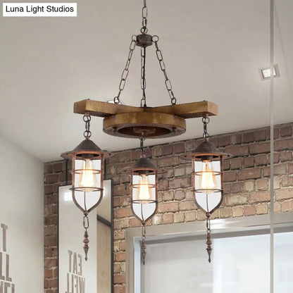 Wooden Hanging Light Kit for Restaurants: Metal Caged Chandelier with 3/7 Lights