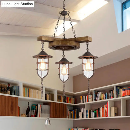 Wooden Hanging Light Kit for Restaurants: Metal Caged Chandelier with 3/7 Lights