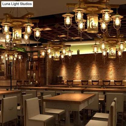 Wooden Hanging Light Kit for Restaurants: Metal Caged Chandelier with 3/7 Lights