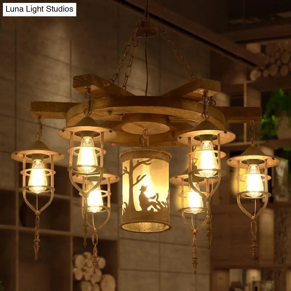 Wooden Hanging Light Kit for Restaurants: Metal Caged Chandelier with 3/7 Lights