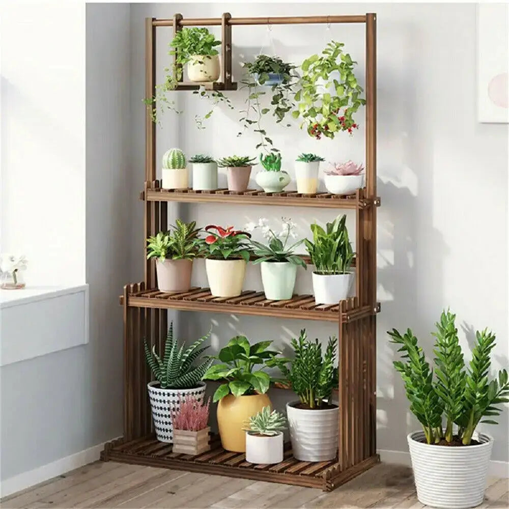 Decorbites™ 3-tier wooden hanging plant stand in brown wood with slatted shelves holding colorful potted plants
