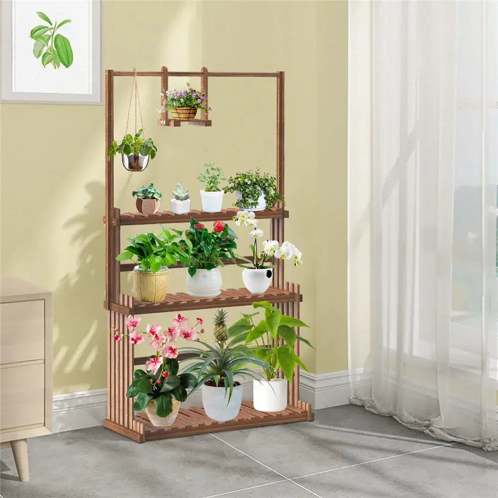 Decorbites™ 3-tier brown wood plant stand with multiple shelves and hanging space holding potted plants
