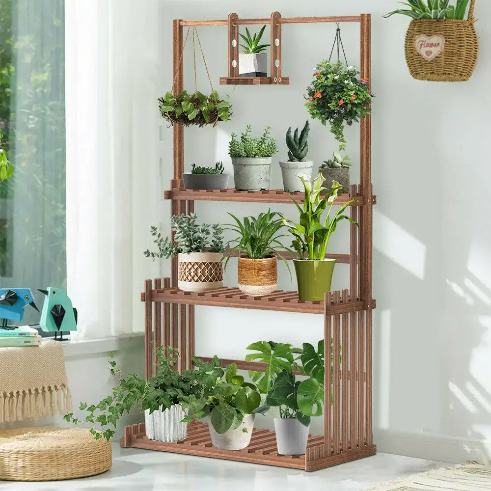 Decorbites™ 3-tier brown wood plant stand with multiple shelves and hanging hooks holding various potted plants