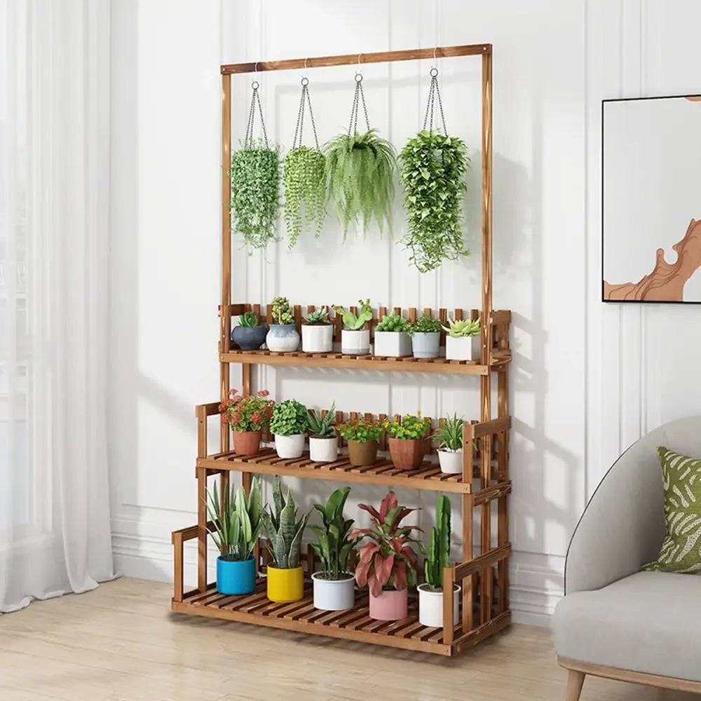 Decorbites™ 3-tier wood plant stand with hanging greenery and colorful pots for stylish indoor plant display