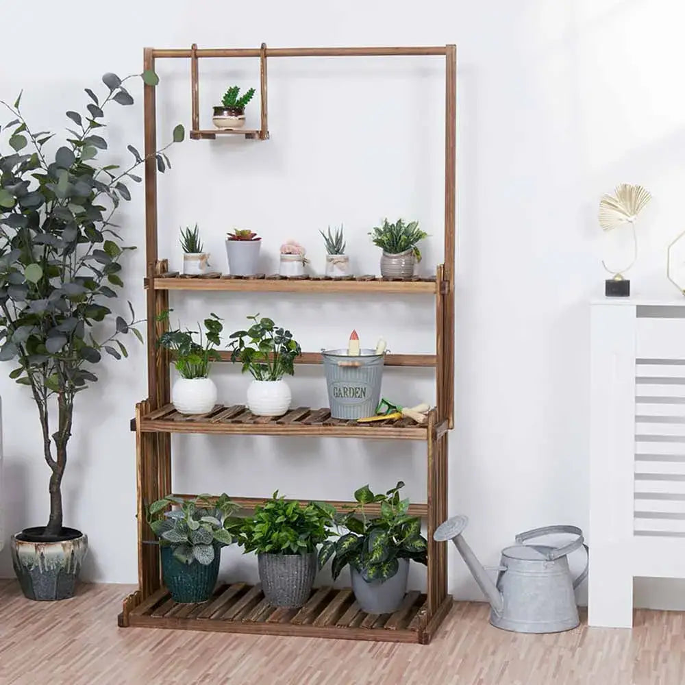 Decorbites™ 3-tier wood plant stand with rustic wooden shelves holding various potted plants in ceramic and metal pots