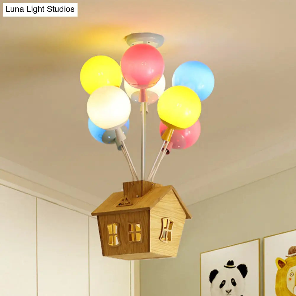 Wooden House Kids Ceiling Flush with Balloon Nursery Semi Flush Light Glass - 6 Lights, Blue-Pink-Yellow