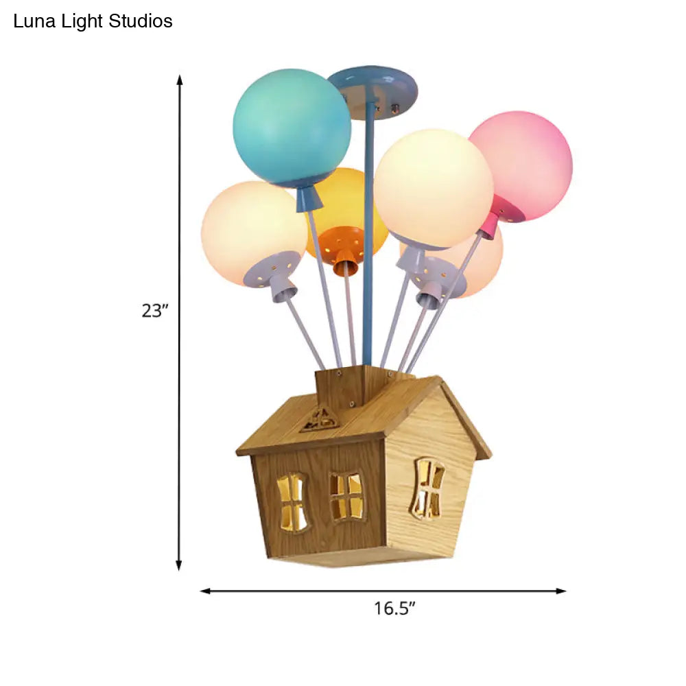 Wooden House Kids Ceiling Flush with Balloon Nursery Semi Flush Light Glass - 6 Lights, Blue-Pink-Yellow