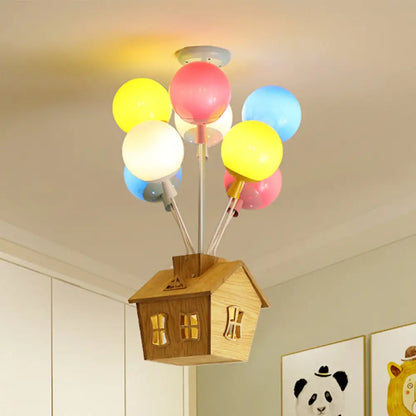 Wooden House Kids Ceiling Flush with Balloon Nursery Semi Flush Light Glass - 6 Lights, Blue-Pink-Yellow