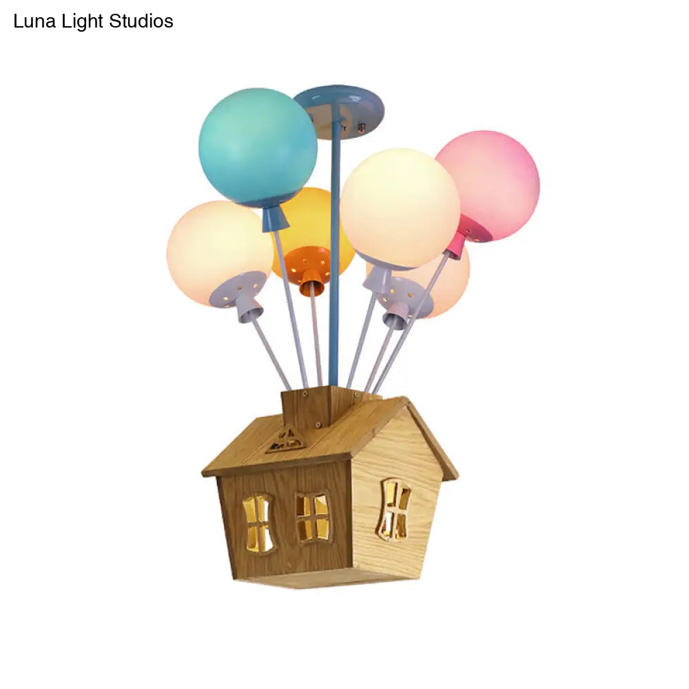 Wooden House Kids Ceiling Flush with Balloon Nursery Semi Flush Light Glass - 6 Lights, Blue-Pink-Yellow