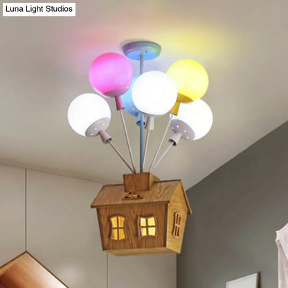 Wooden House Kids Ceiling Flush with Balloon Nursery Semi Flush Light Glass - 6 Lights, Blue-Pink-Yellow