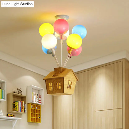 Wooden House Kids Ceiling Flush with Balloon Nursery Semi Flush Light Glass - 6 Lights, Blue-Pink-Yellow