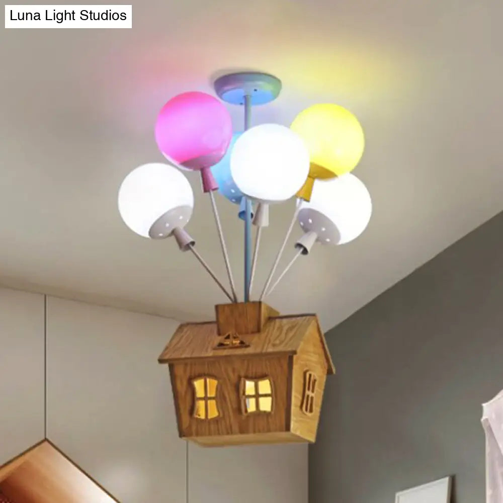 Wooden House Kids Ceiling Flush with Balloon Nursery Semi Flush Light Glass - 6 Lights, Blue-Pink-Yellow