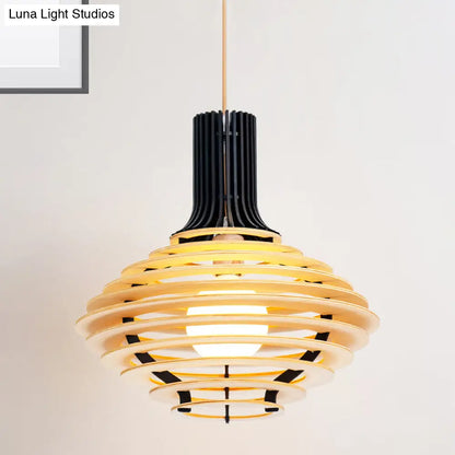 Wooden Jar Pendant Light - 1 Bulb Black/Beige Hanging Lamp Kit for Restaurants