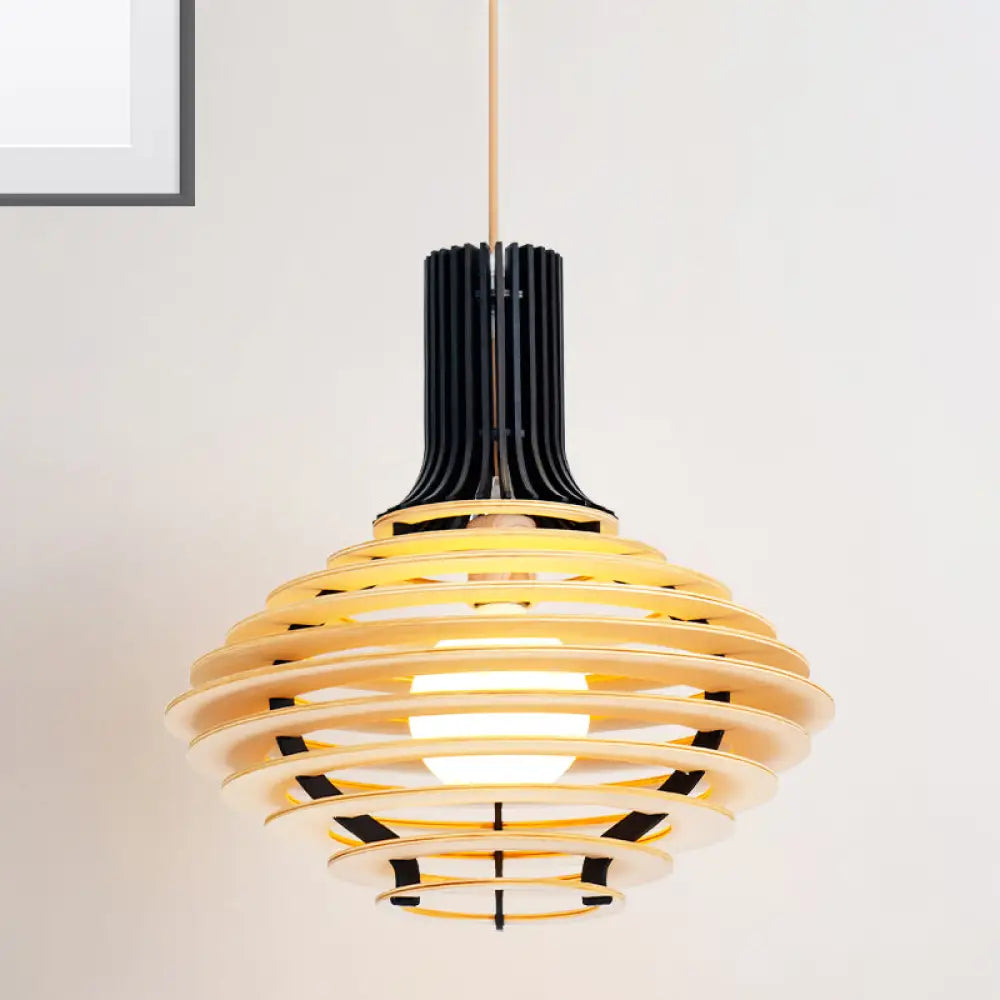 Wooden Jar Pendant Light - 1 Bulb Black/Beige Hanging Lamp Kit for Restaurants