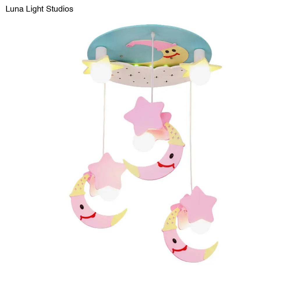 DecorBites™ DecorBites™ Wooden Moon and Star Semi Flush Mount Ceiling Light with Cartoon Design - 5 Blue/Pink Lights