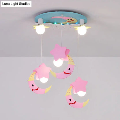 DecorBites™ DecorBites™ Wooden Moon and Star Semi Flush Mount Ceiling Light with Cartoon Design - 5 Blue/Pink Lights