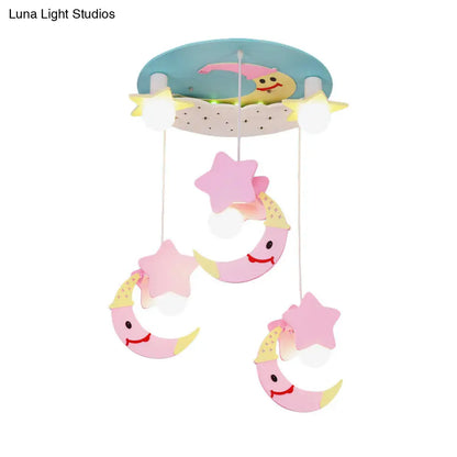 DecorBites™ DecorBites™ Wooden Moon and Star Semi Flush Mount Ceiling Light with Cartoon Design - 5 Blue/Pink Lights