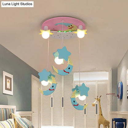 DecorBites™ DecorBites™ Wooden Moon and Star Semi Flush Mount Ceiling Light with Cartoon Design - 5 Blue/Pink Lights