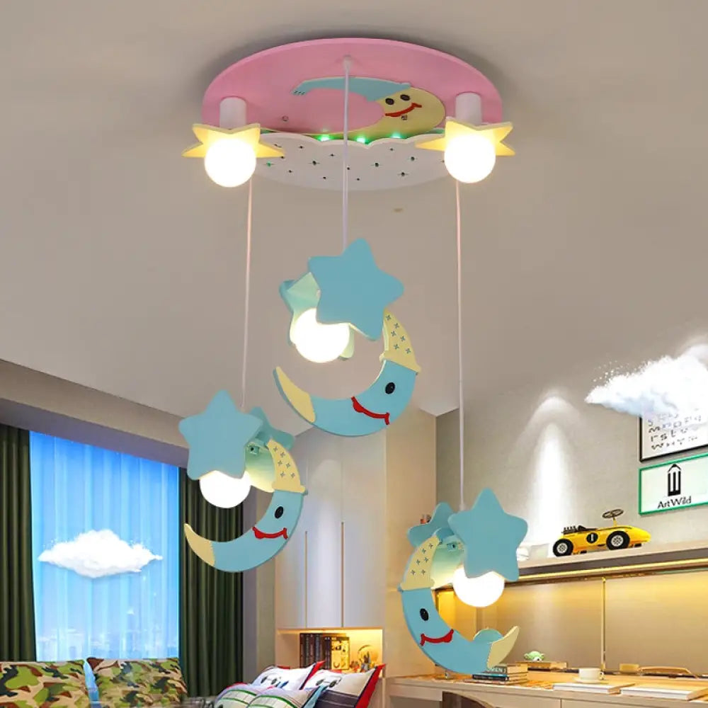 DecorBites™ DecorBites™ Wooden Moon and Star Semi Flush Mount Ceiling Light with Cartoon Design - 5 Blue/Pink Lights