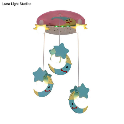 DecorBites™ DecorBites™ Wooden Moon and Star Semi Flush Mount Ceiling Light with Cartoon Design - 5 Blue/Pink Lights