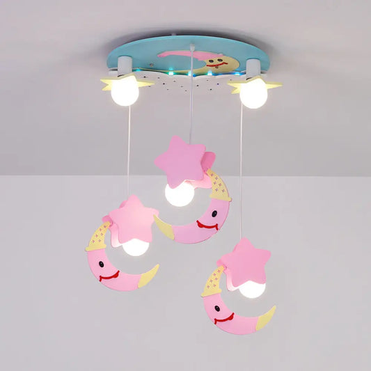 DecorBites™ DecorBites™ Wooden Moon and Star Semi Flush Mount Ceiling Light with Cartoon Design - 5 Blue/Pink Lights