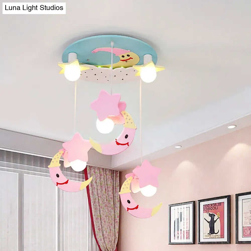 DecorBites™ DecorBites™ Wooden Moon and Star Semi Flush Mount Ceiling Light with Cartoon Design - 5 Blue/Pink Lights