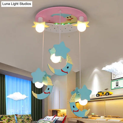 DecorBites™ DecorBites™ Wooden Moon and Star Semi Flush Mount Ceiling Light with Cartoon Design - 5 Blue/Pink Lights
