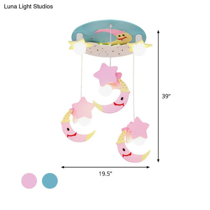 DecorBites™ DecorBites™ Wooden Moon and Star Semi Flush Mount Ceiling Light with Cartoon Design - 5 Blue/Pink Lights