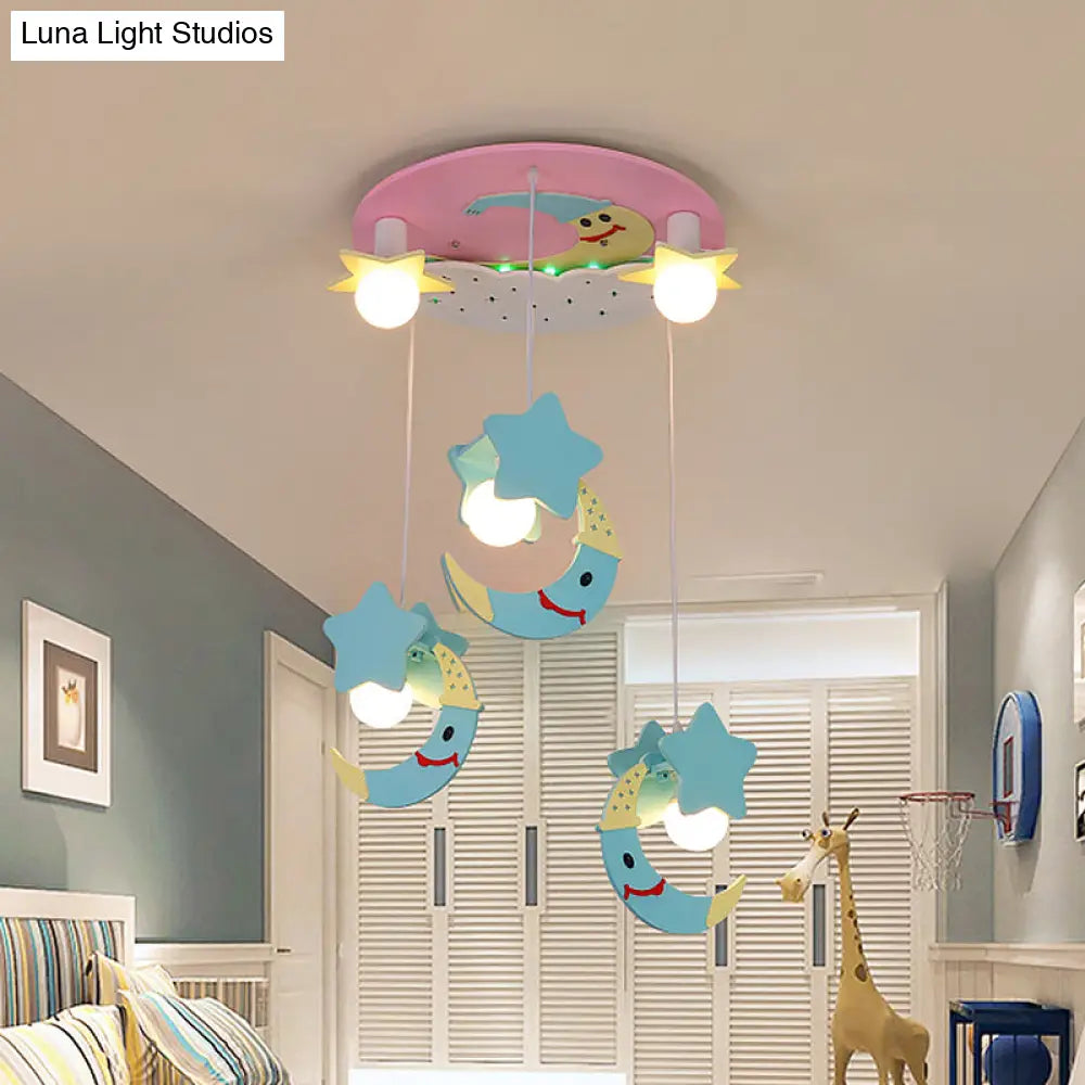 DecorBites™ DecorBites™ Wooden Moon and Star Semi Flush Mount Ceiling Light with Cartoon Design - 5 Blue/Pink Lights
