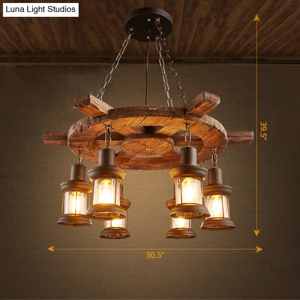 Wooden Nautical Lantern Ceiling Chandelier with Clear Glass for Living Room