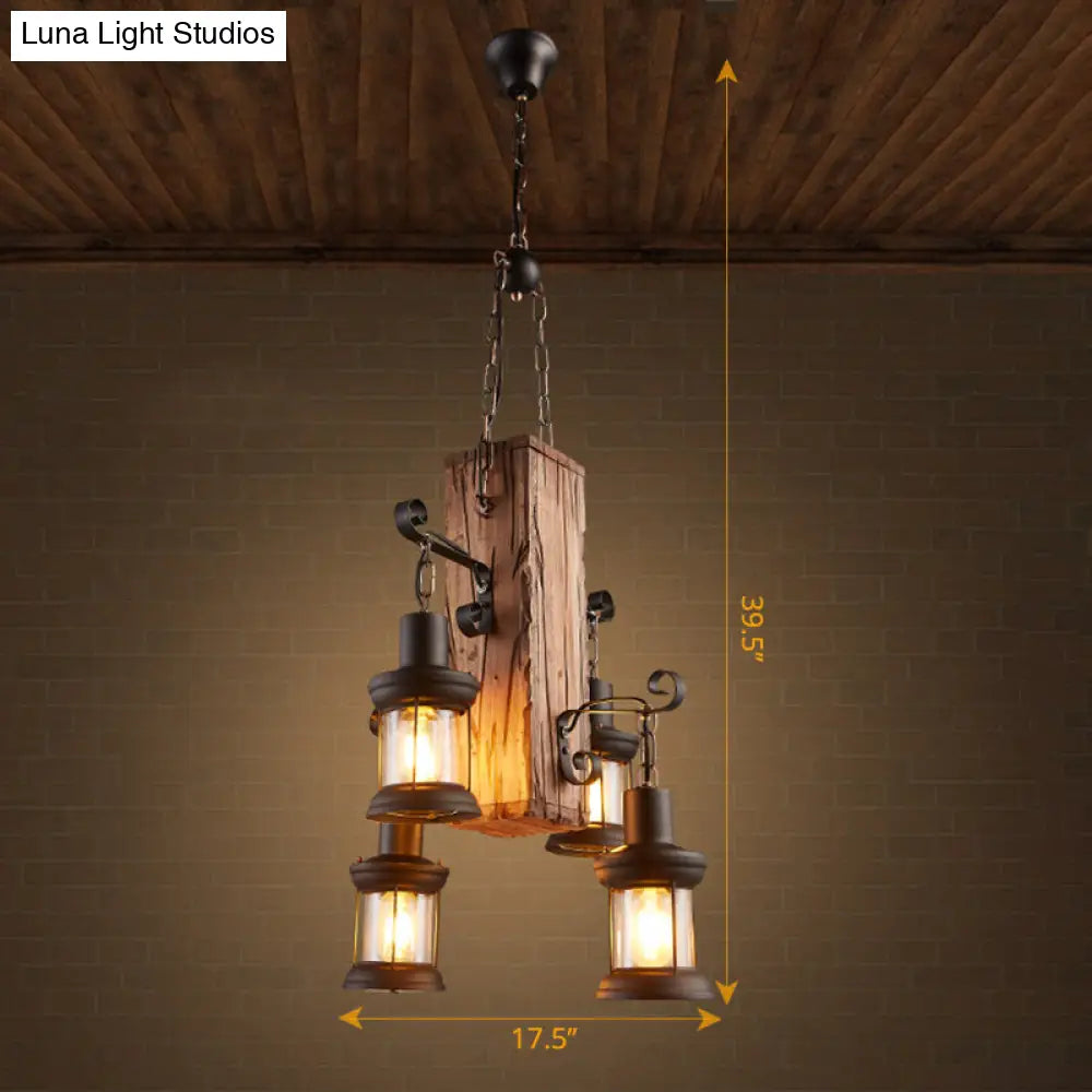 Wooden Nautical Lantern Ceiling Chandelier with Clear Glass for Living Room