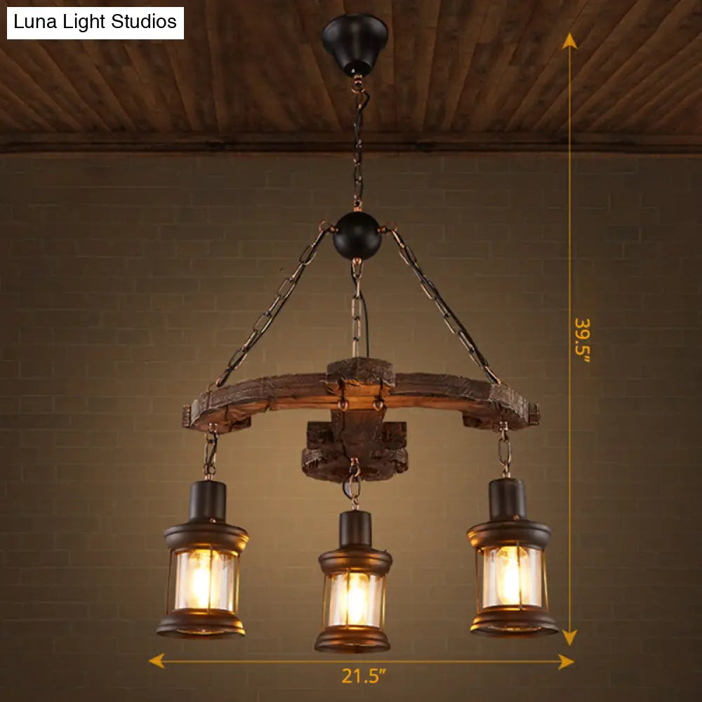 Wooden Nautical Lantern Ceiling Chandelier with Clear Glass for Living Room