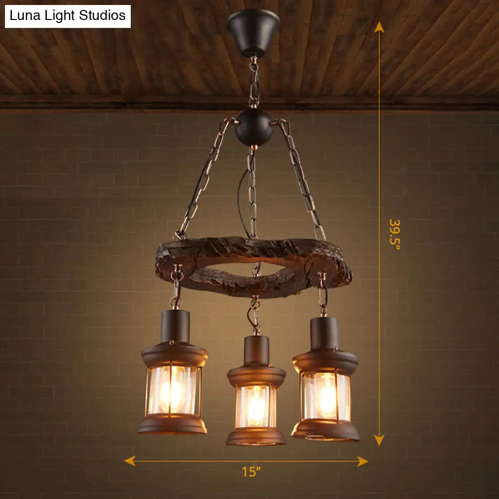 Wooden Nautical Lantern Ceiling Chandelier with Clear Glass for Living Room