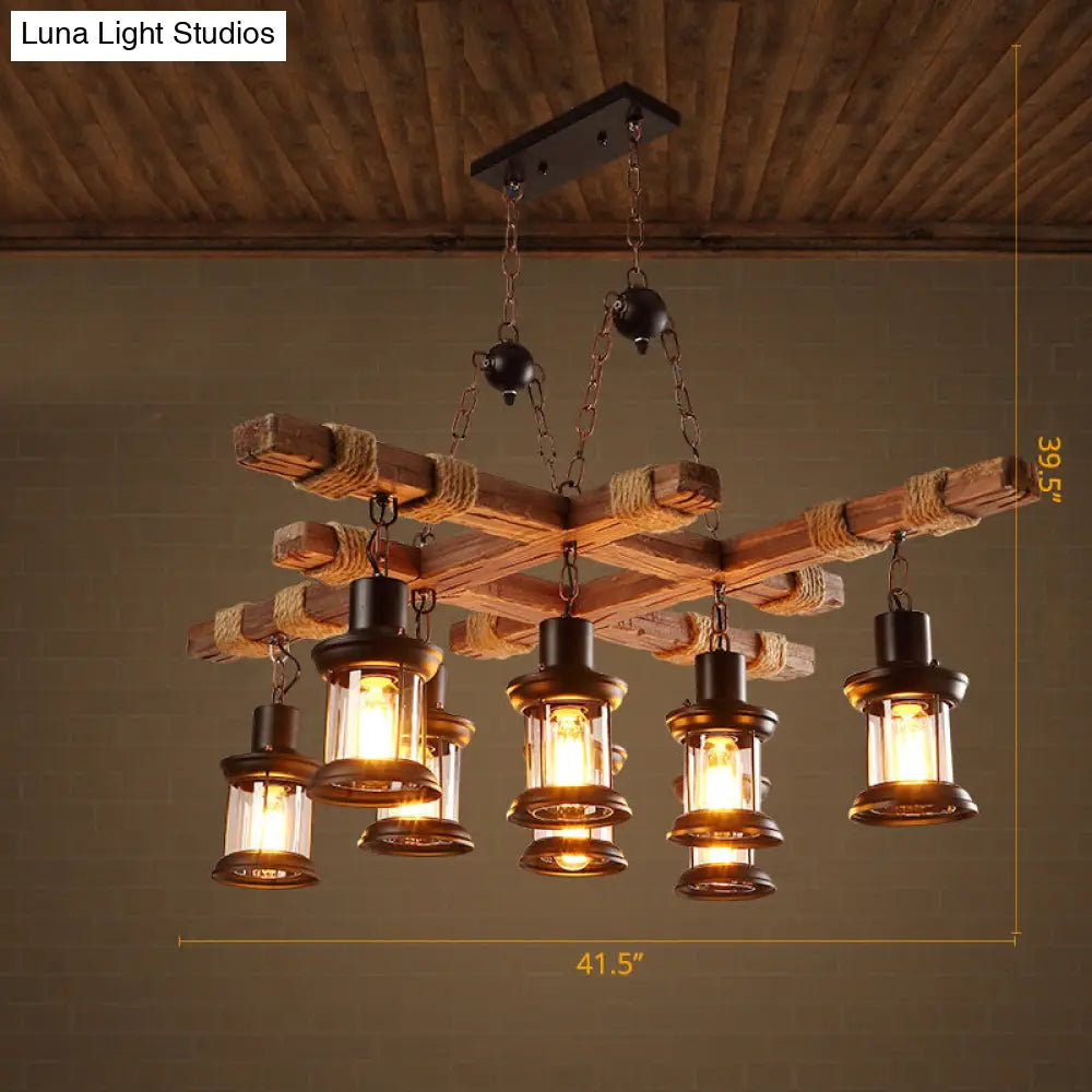 Wooden Nautical Lantern Ceiling Chandelier with Clear Glass for Living Room